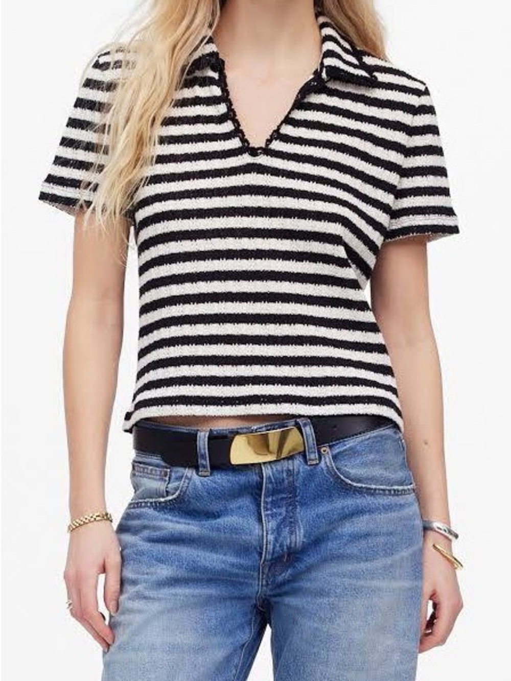 Madewell Striped Knit Polo Tee - Black and White